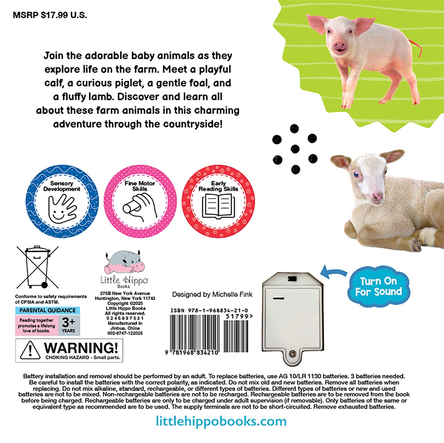 Back cover of a Little Hippo book showing a farm animal theme with illustrations of a cow, piglet, goat, sheep, and a small sound box, plus product details, warning, and care instructions.