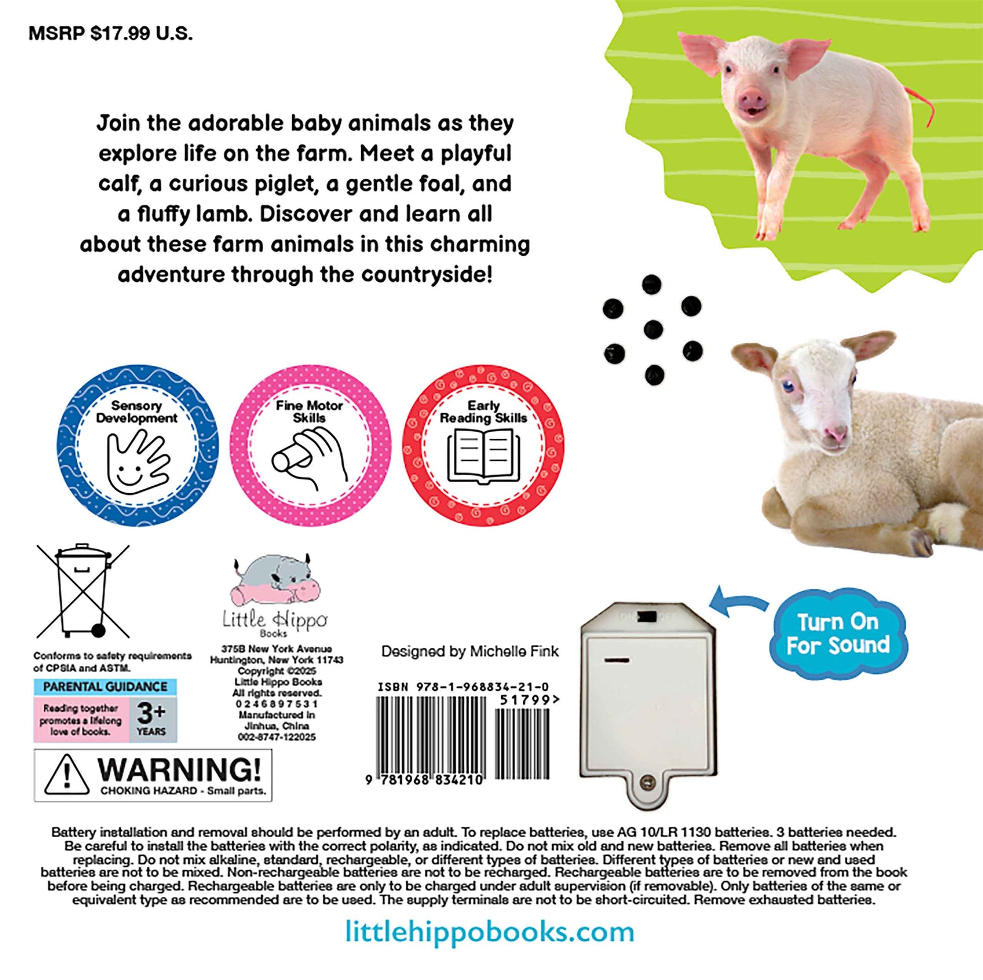 Back cover of a Little Hippo book showing a farm animal theme with illustrations of a cow, piglet, goat, sheep, and a small sound box, plus product details, warning, and care instructions.