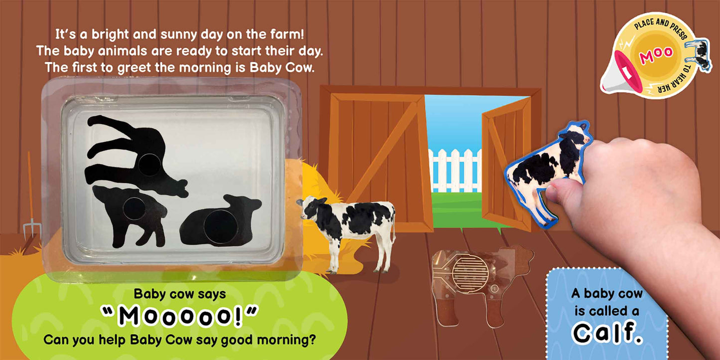 A children's educational toy scene showing a cow-shaped sound/light-up piece being held by a human hand, with a barn illustration, a cow figure, and text panels on a colorful background.