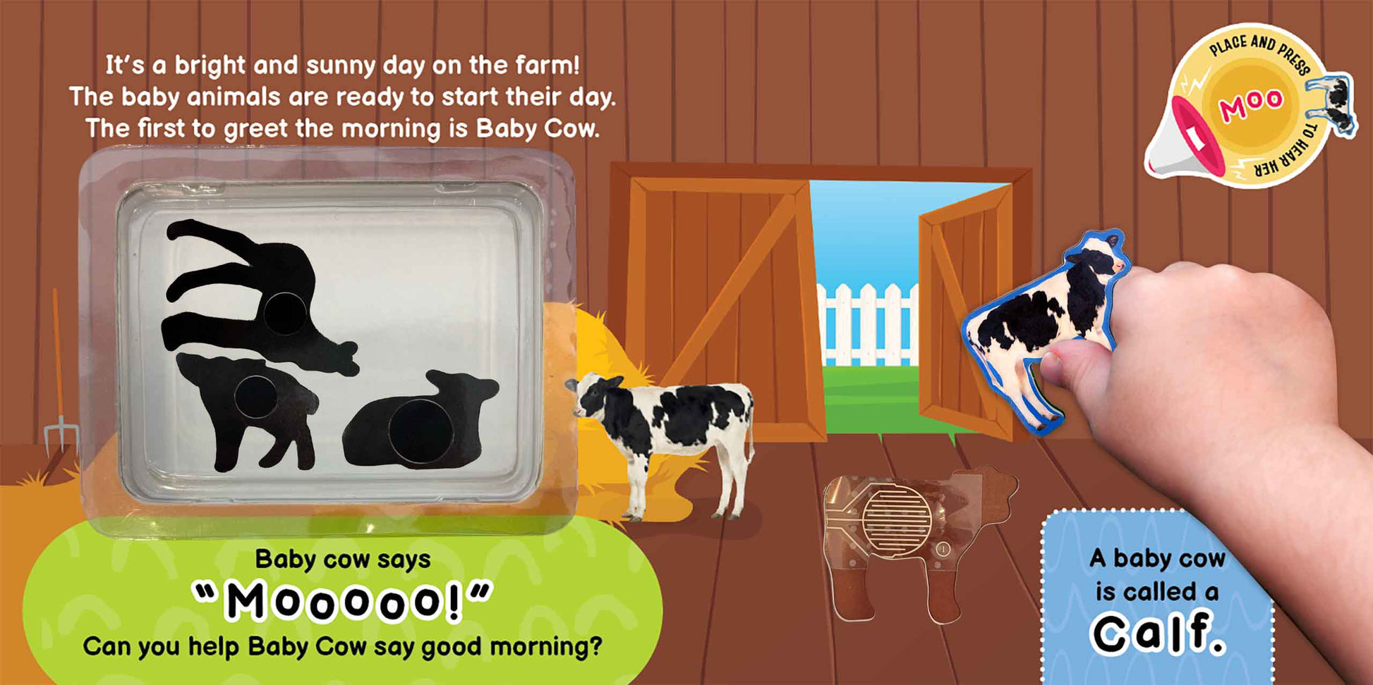 A children's educational toy scene showing a cow-shaped sound/light-up piece being held by a human hand, with a barn illustration, a cow figure, and text panels on a colorful background.