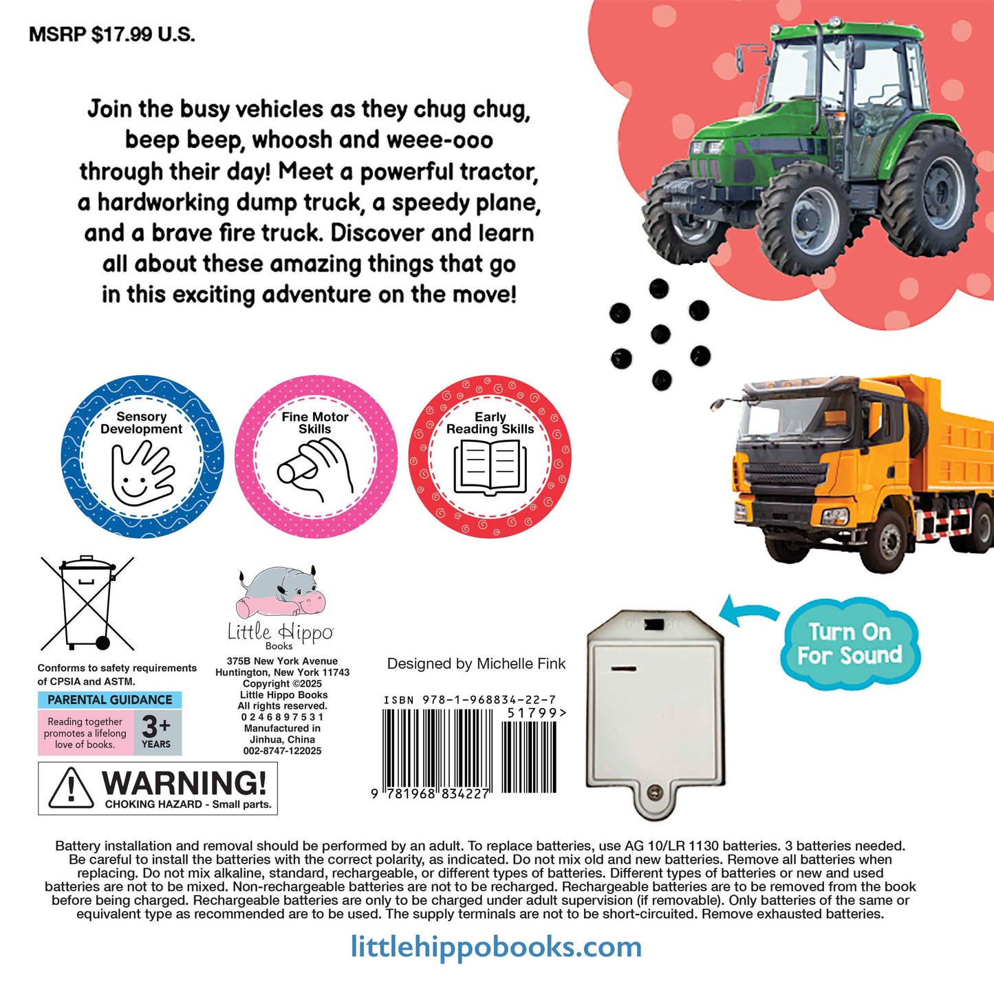 A product information card for a Little Hippo sensory development toy, featuring a green tractor and a yellow dump truck on a white background with red graphic elements. The card includes text, a warning label, a barcode, and instructions for battery installation and removal.