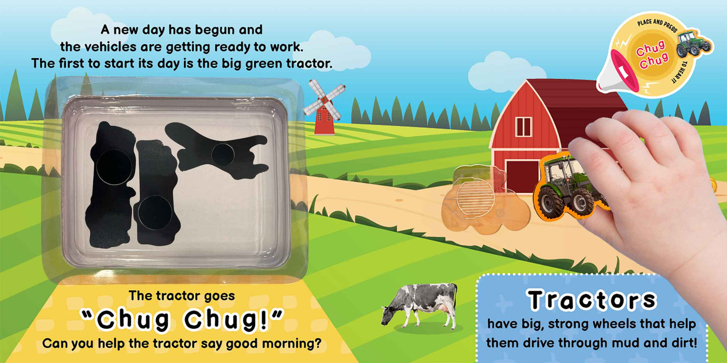 A children's activity book or board book cover featuring a farm scene with a red barn, windmill, green fields, and a tractor. A hand is shown touching the cover, and the product includes black tractor-shaped puzzle pieces in a clear plastic window.