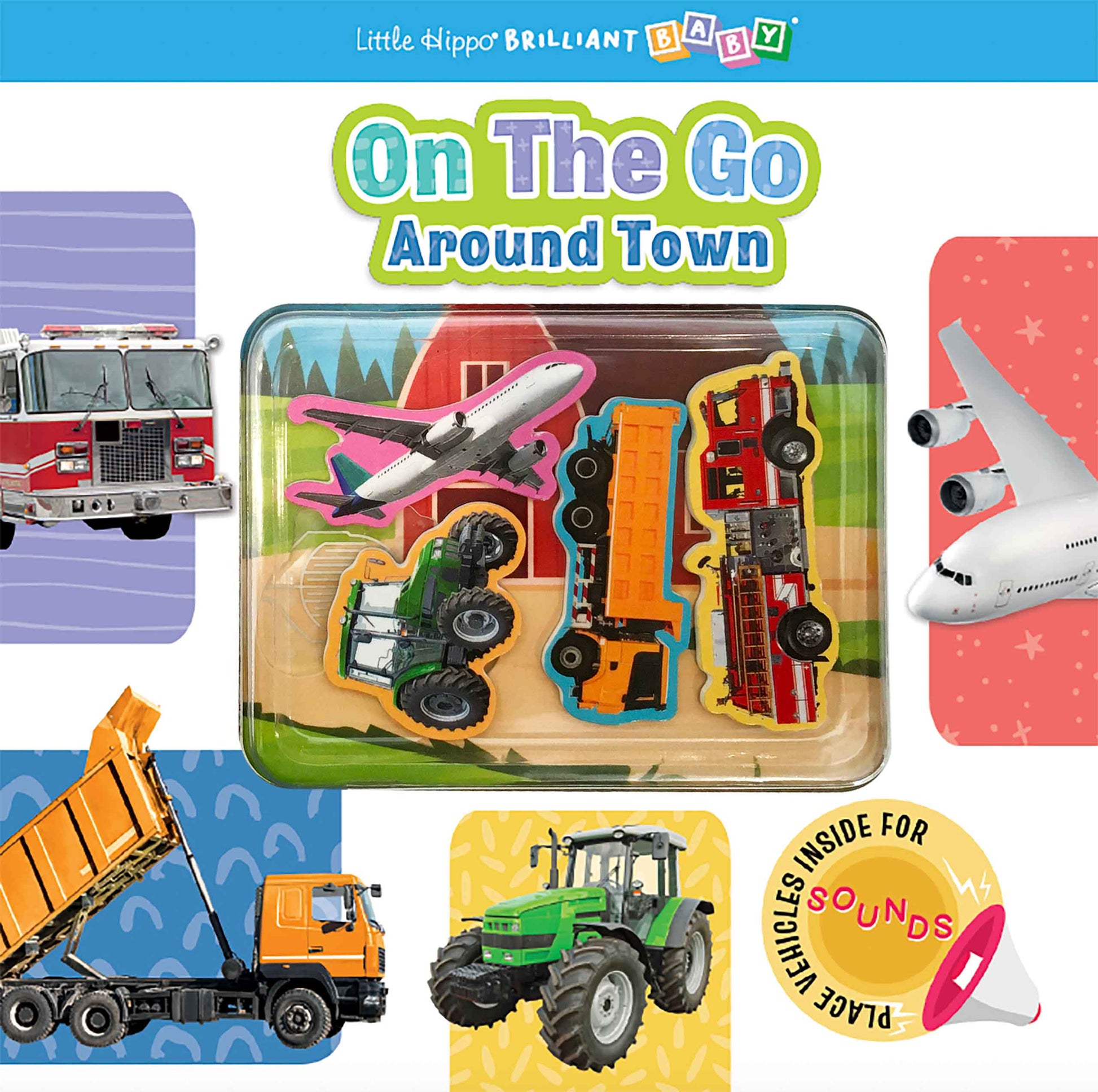 A children's board book cover titled "On The Go Around Town" from Little Kipper's Brilliant Baby. The cover shows a clear plastic window over small toy vehicles, including a fire truck, airplane, dump truck, tractor, and tow truck, with colorful vehicle illustrations around the border.