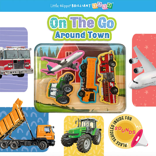 A children's board book cover titled "On The Go Around Town" from Little Kipper's Brilliant Baby. The cover shows a clear plastic window over small toy vehicles, including a fire truck, airplane, dump truck, tractor, and tow truck, with colorful vehicle illustrations around the border.